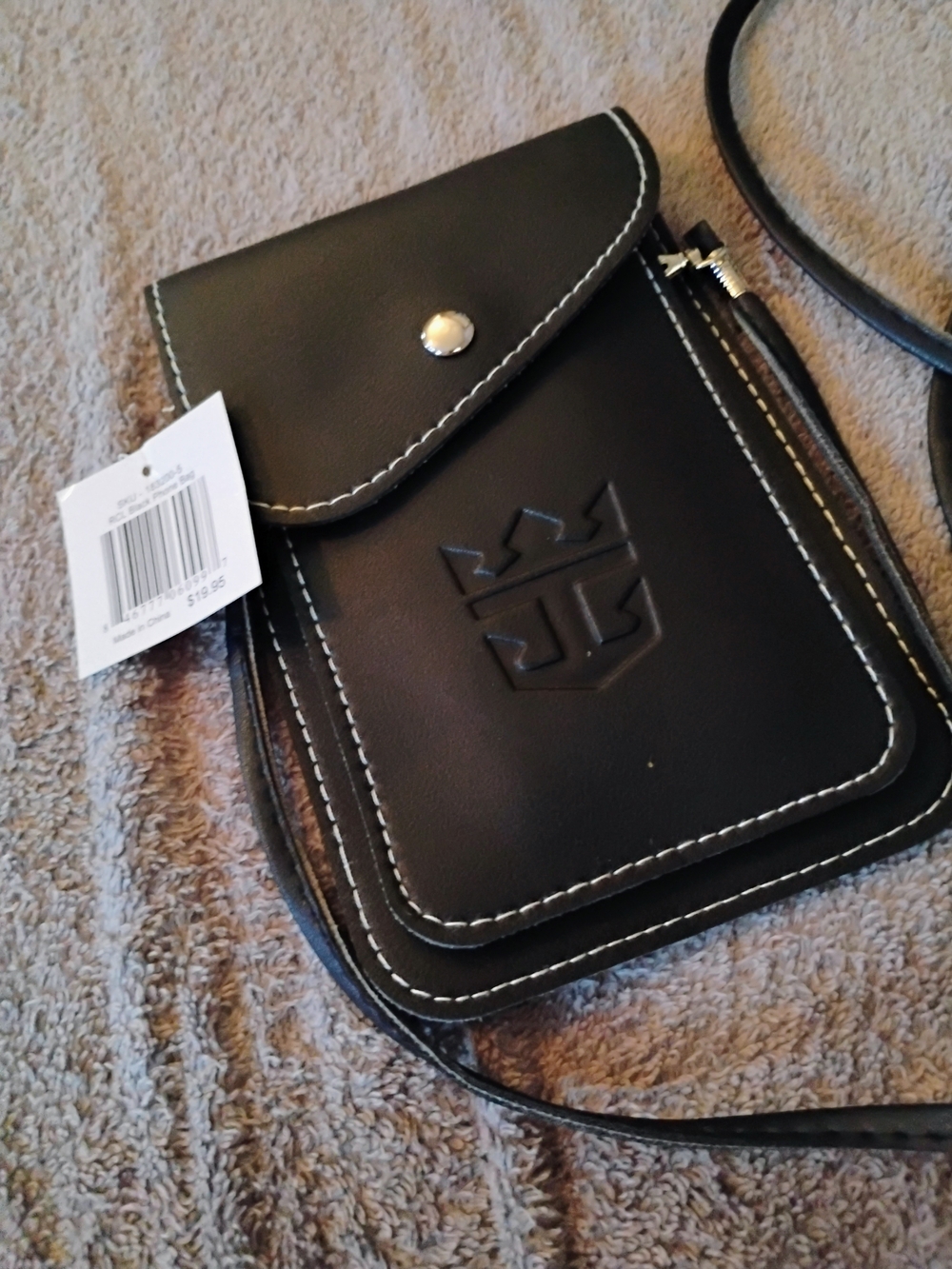 Men's Black Crossbody Phone Pouch with Embossed Crest